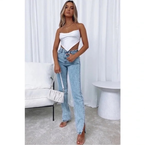 White Fox Boutique Light Blue Split Hem Jeans - Picture 2 of 7